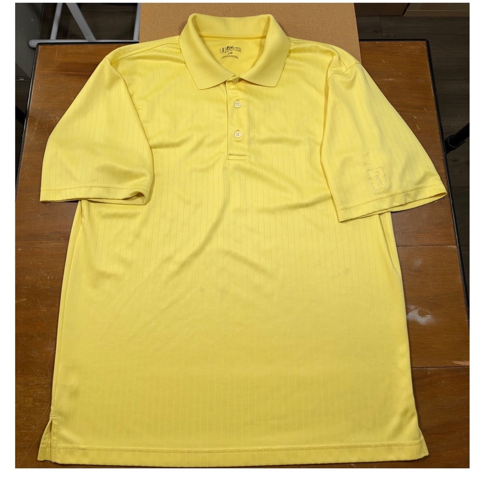 PGA Tour Polo Shirt Men Large Yellow Good Pinstripe Short Sleeve Golf Top